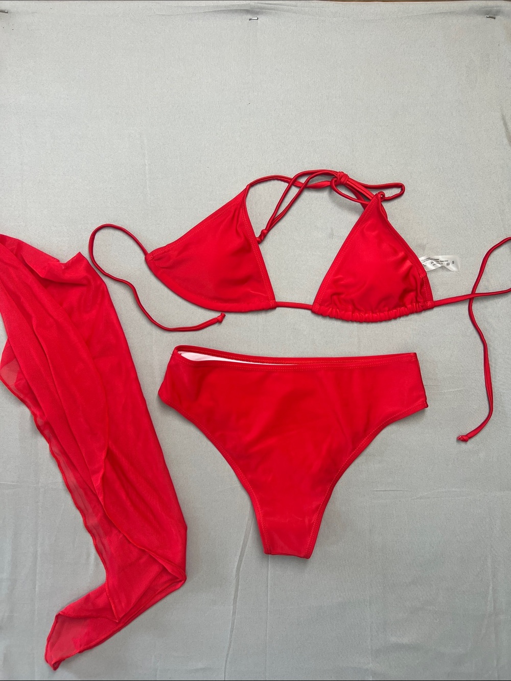 Red Triangle Bikini Set with Sheer Cover-Up - Women Swim Bikini